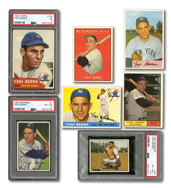 YOGI BERRA LOT OF (7) DIFFERENT 1950-61 BOWMAN & TOPPS CARDS WITH THREE PSA GRADED